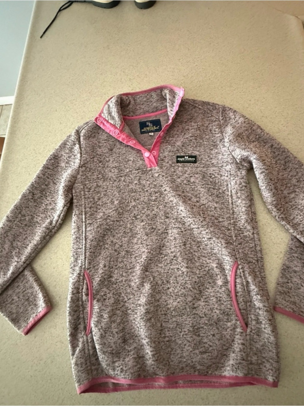 Simply Southern Heathered Gray Pullovers with Pink Trim Cowl Sweater